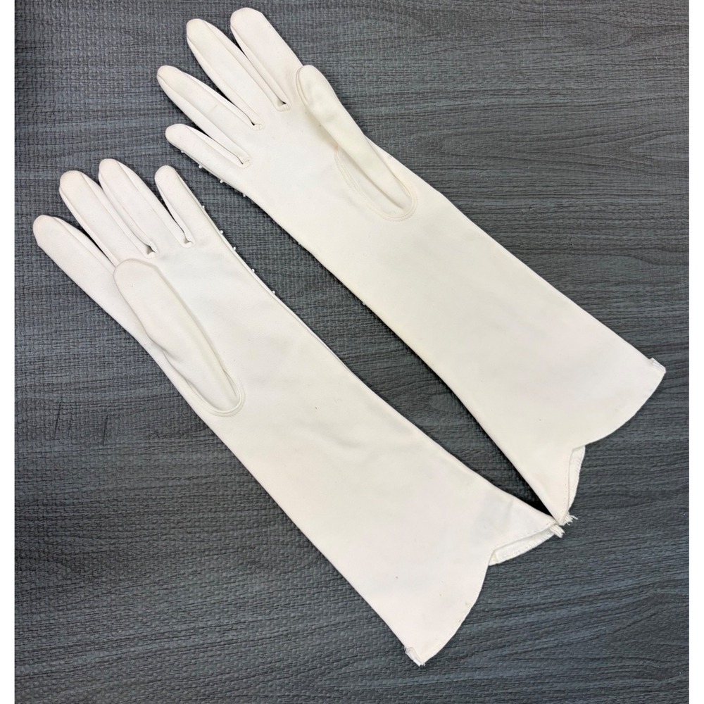 Invicta Opera Gloves 6.5 White Vintage Beaded Cotton Mid Century Formal Wedding - Picture 9 of 13
